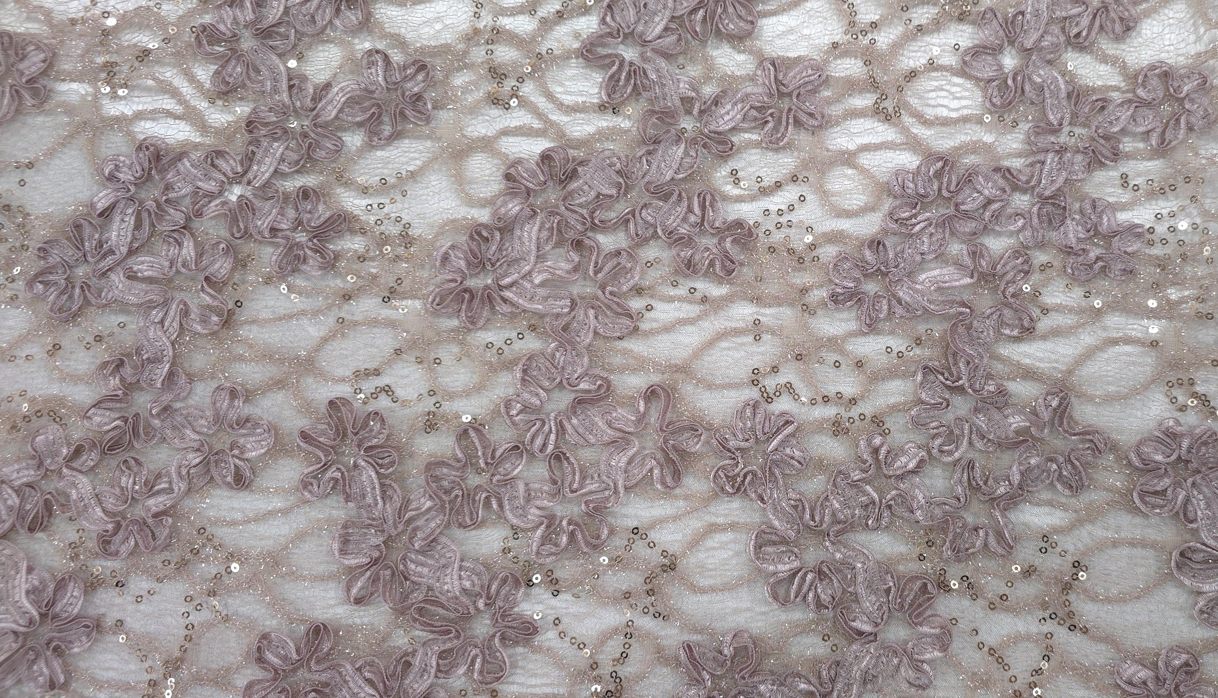 Sequinned 3D Floral Ribbon Lace Vintage Pink