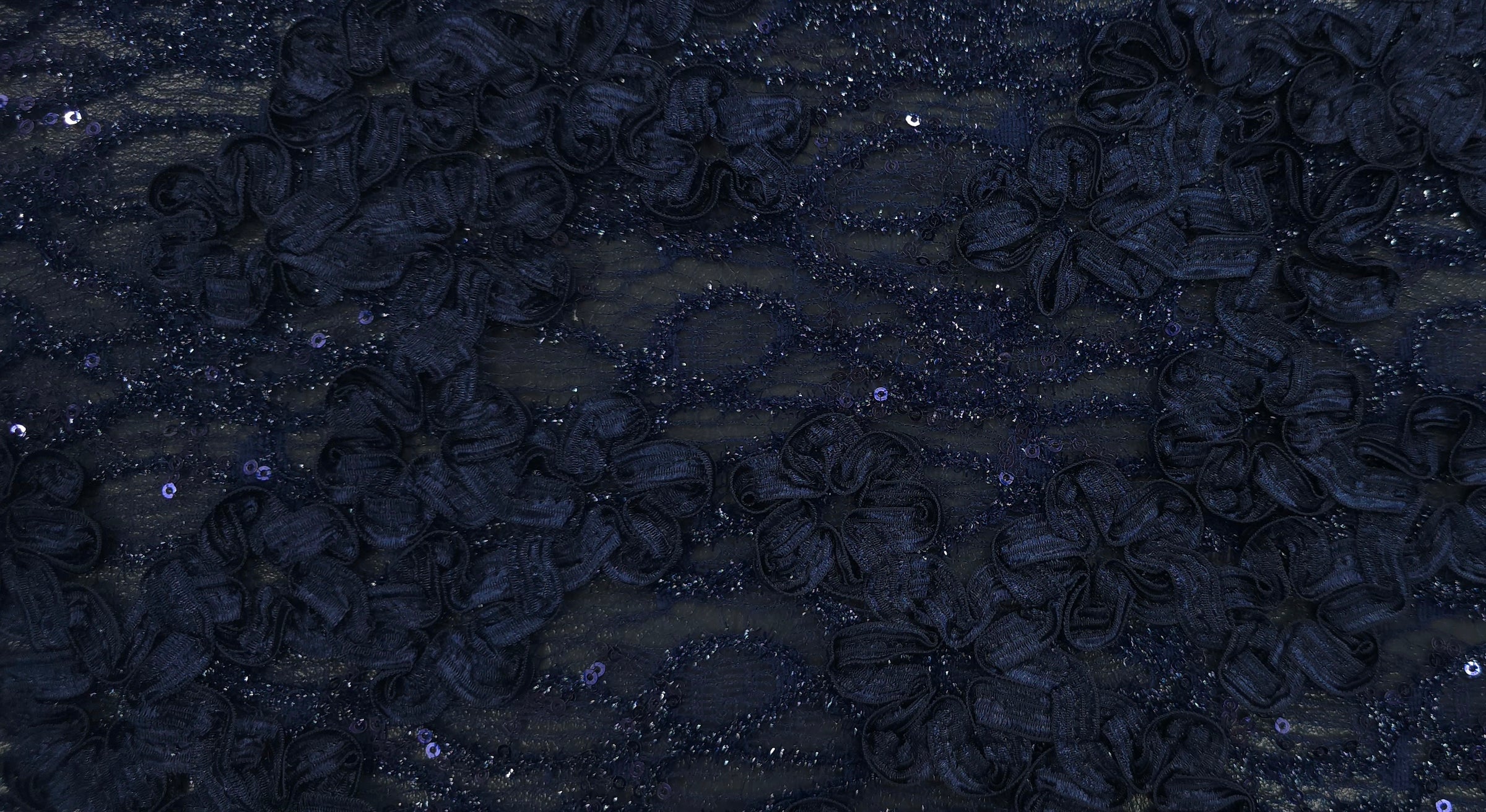 Sequinned 3D Floral Ribbon Lace Navy Blue