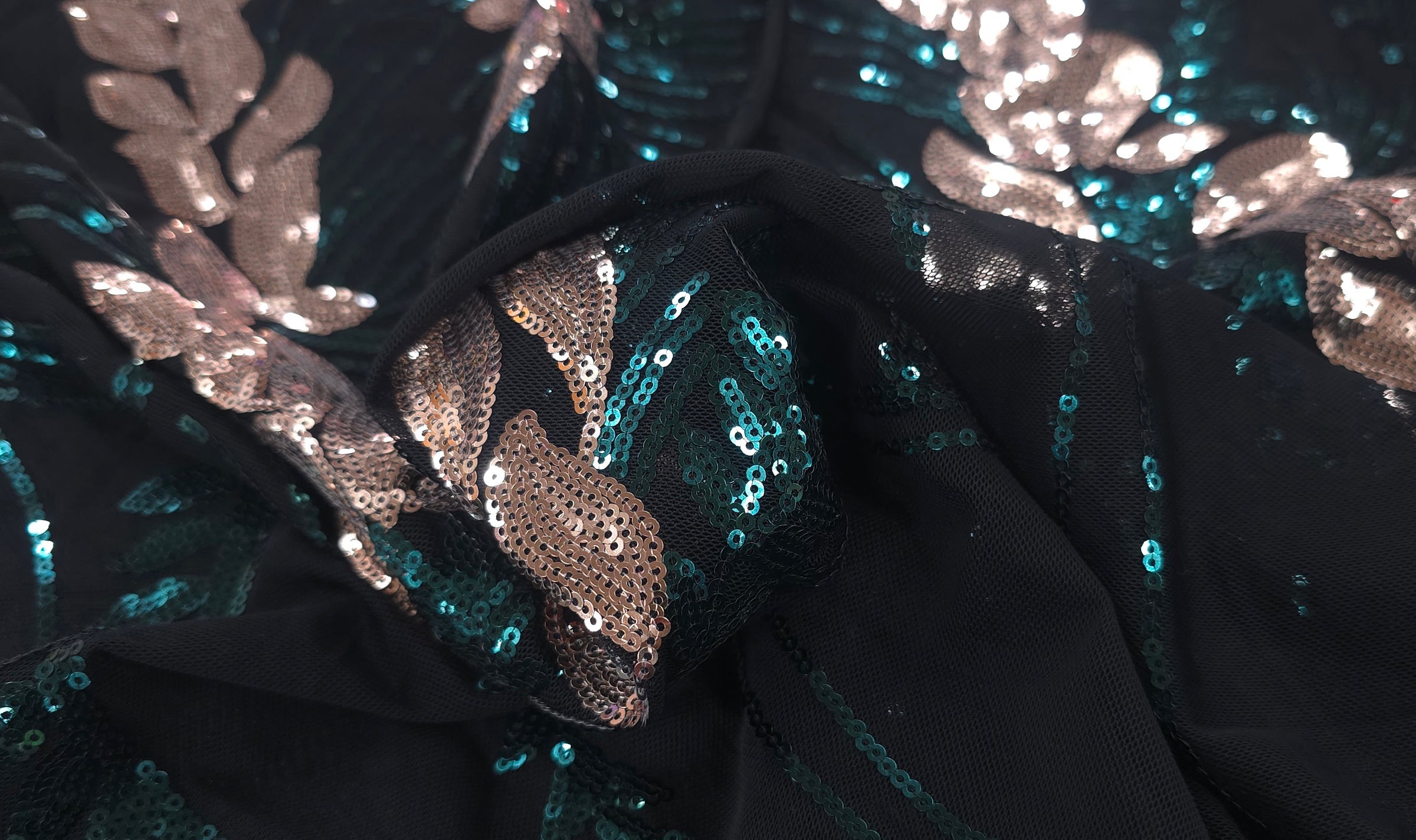 Sequinned Tulle Leafy Vine Emerald