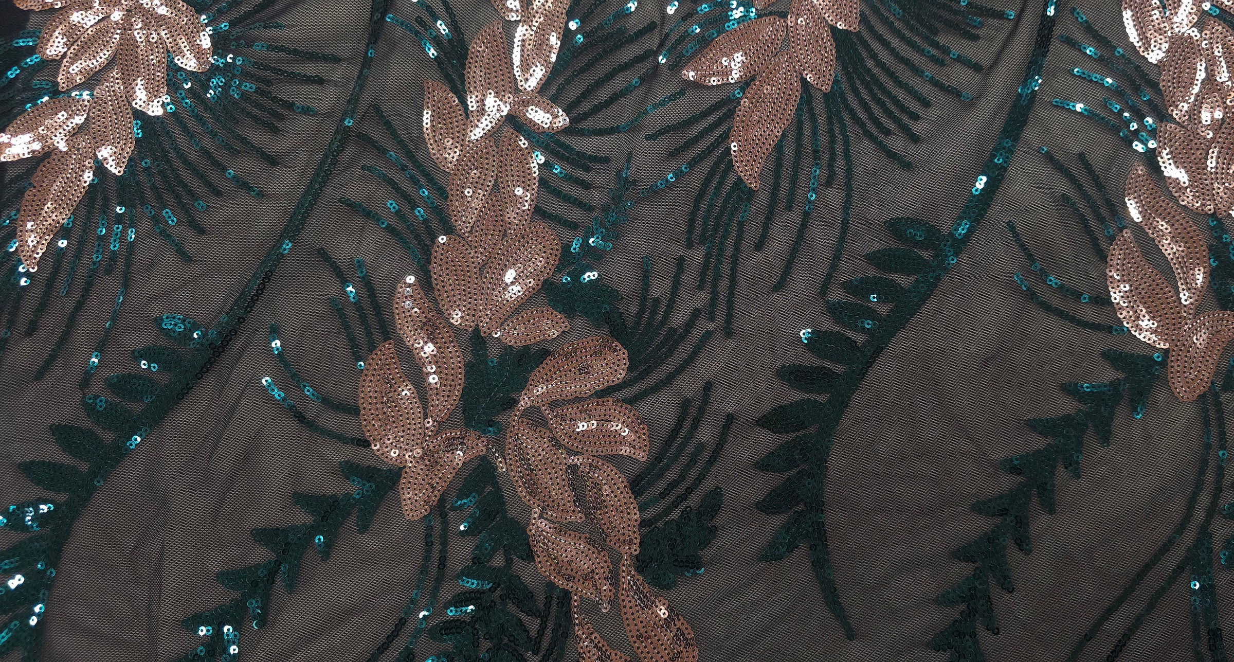Sequinned Tulle Leafy Vine Emerald