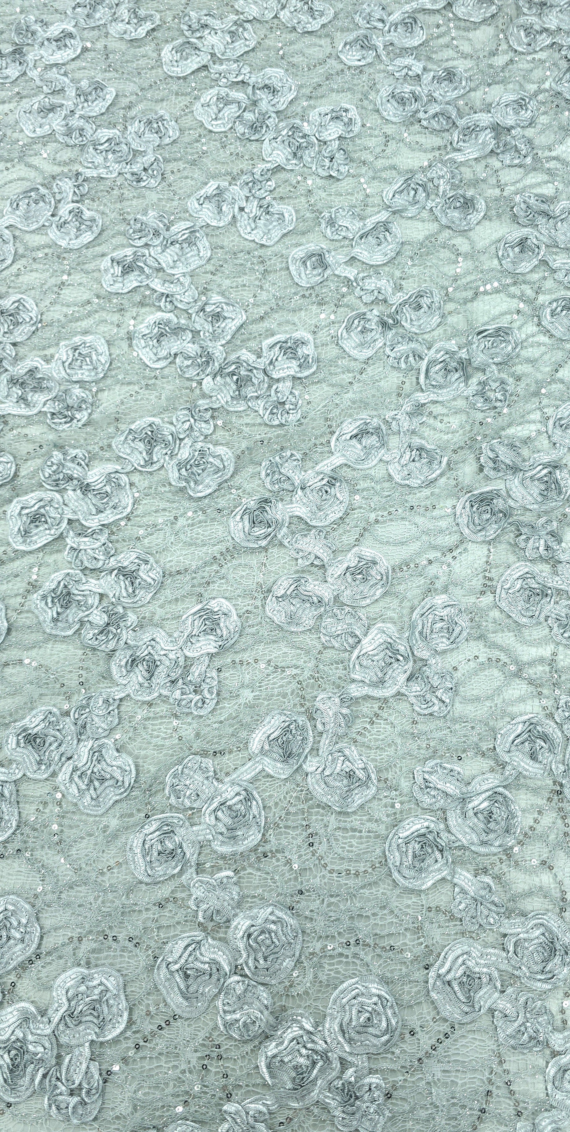 Sequinned 3D Floral Ribbon Lace Duck Egg