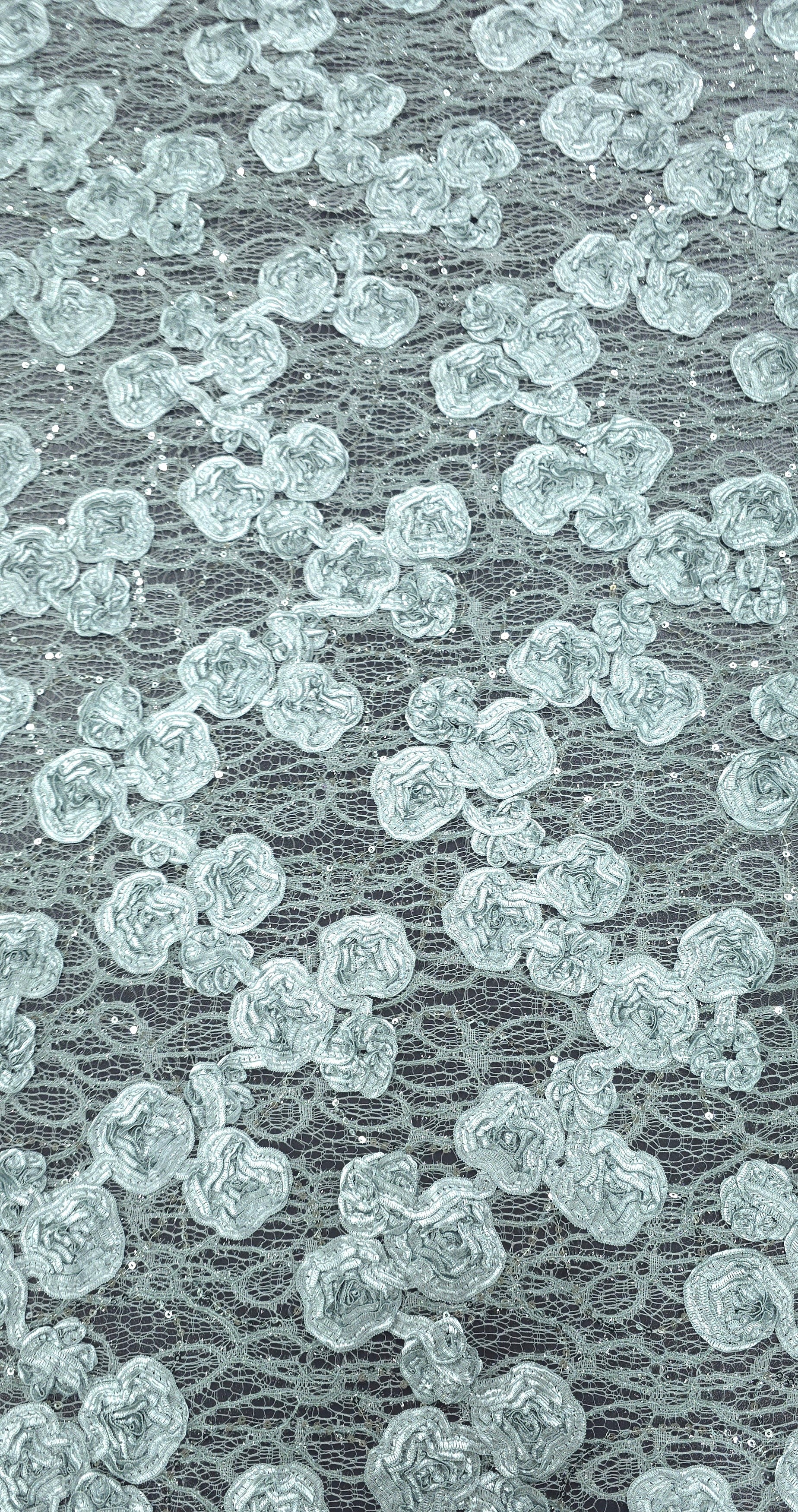 Sequinned 3D Floral Ribbon Lace Duck Egg