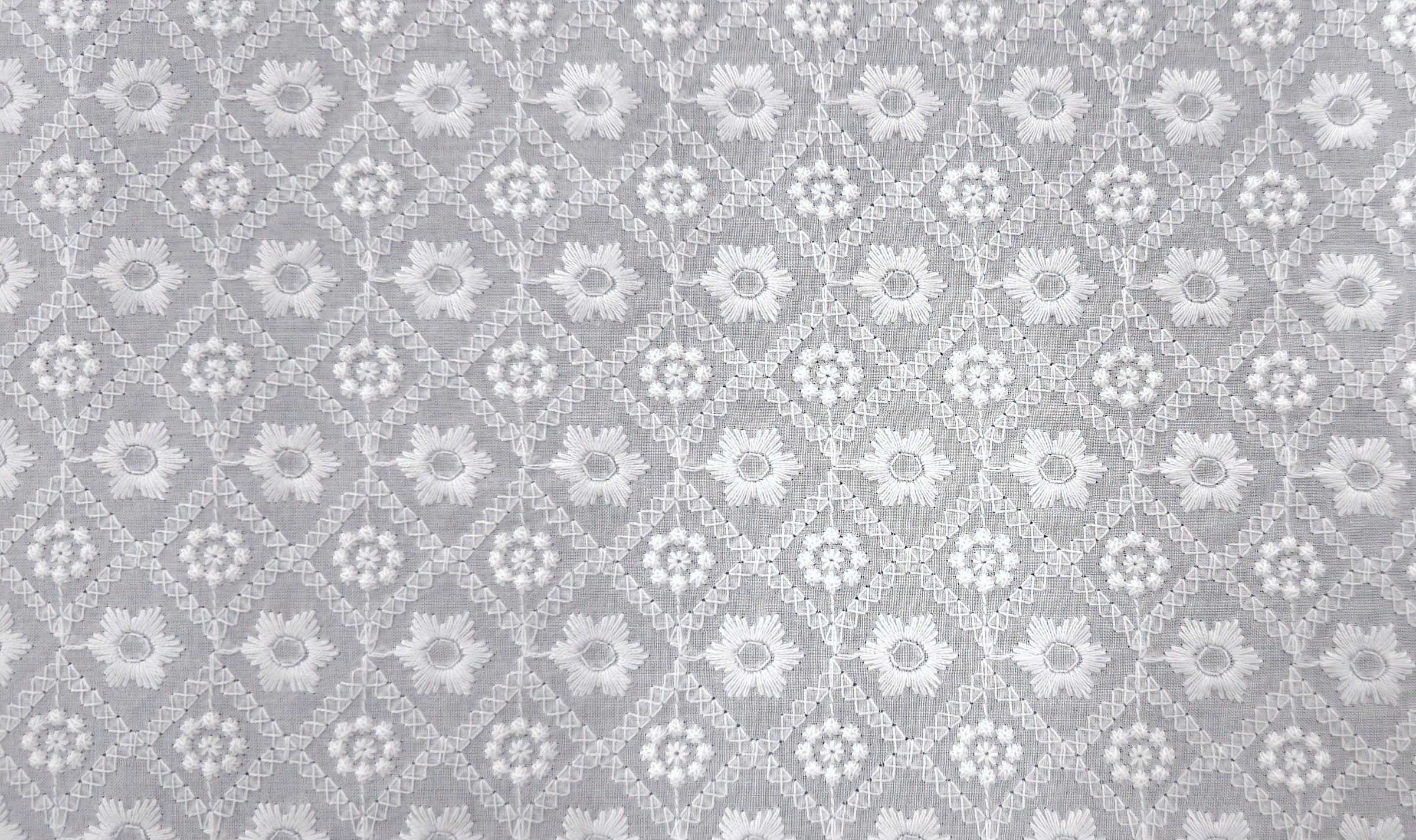 Embroidered Cotton Floral Check Silk White