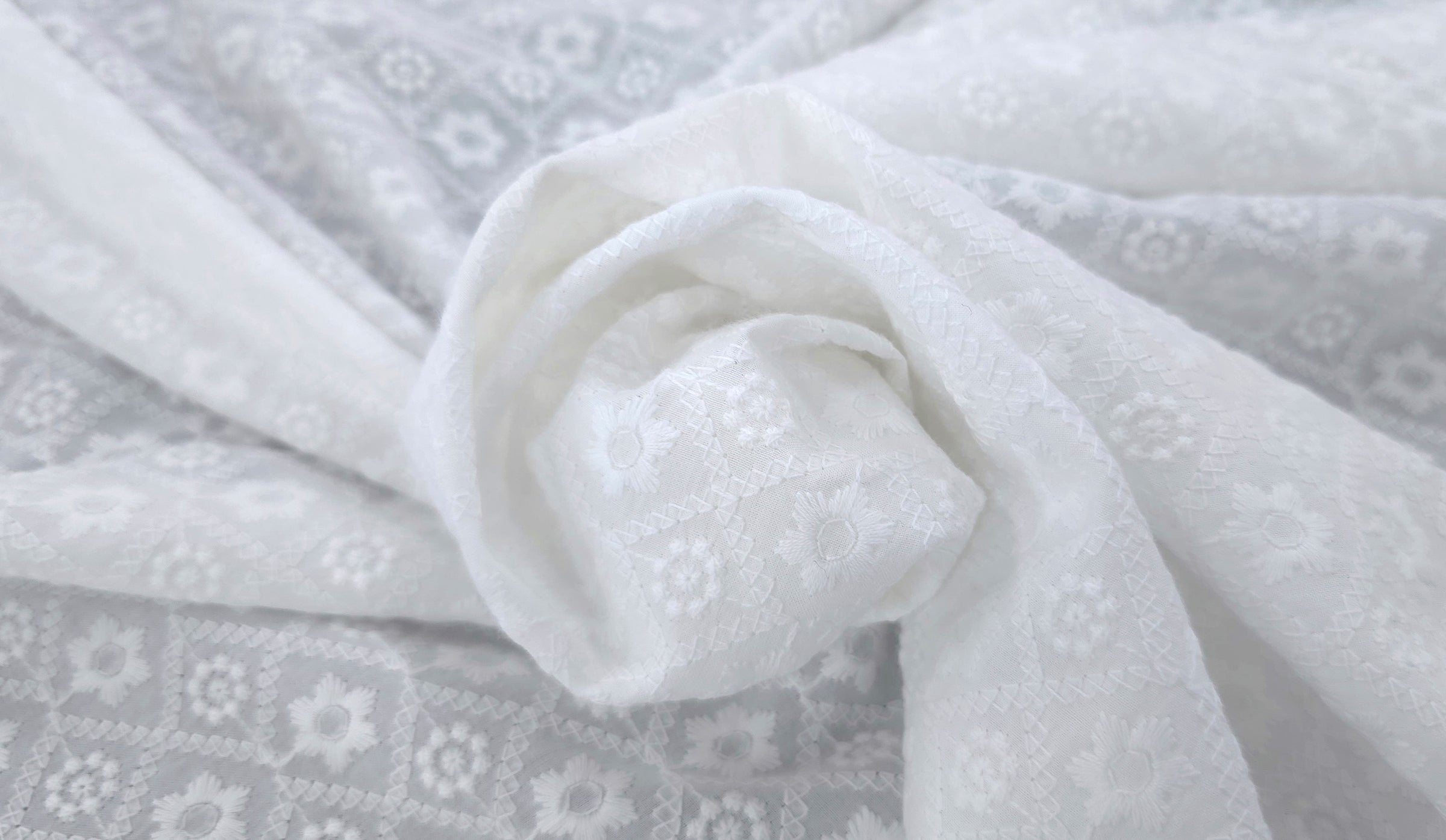 Embroidered Cotton Floral Check Silk White