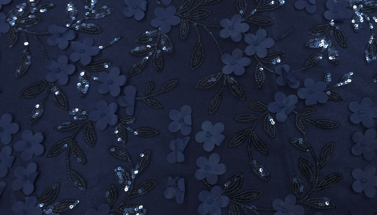 Sequinned 3D Floral Lace Navy