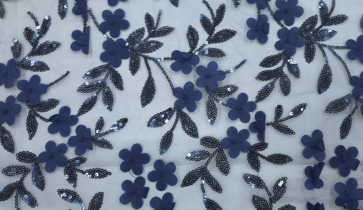 Sequinned 3D Floral Lace Navy