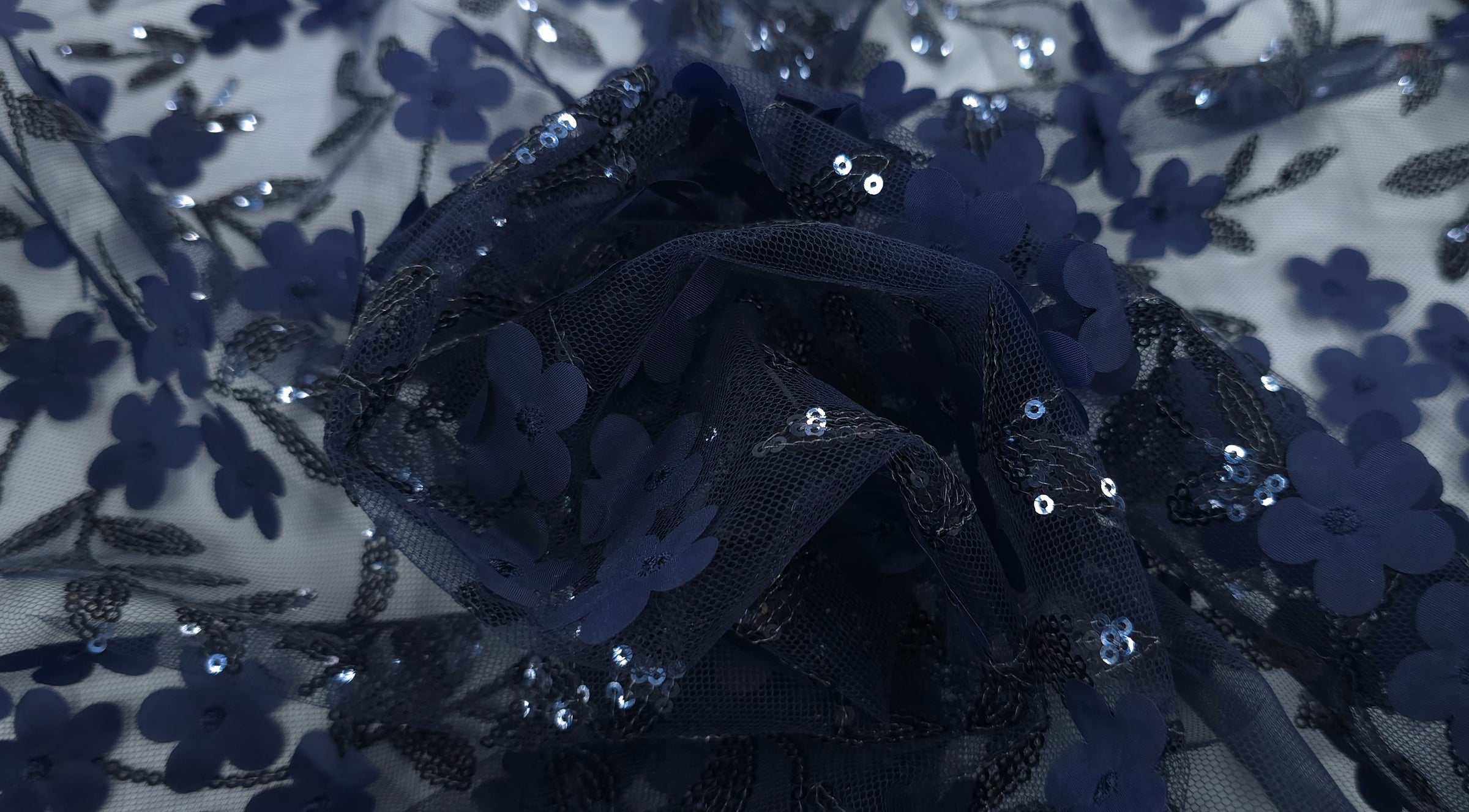 Sequinned 3D Floral Lace Navy