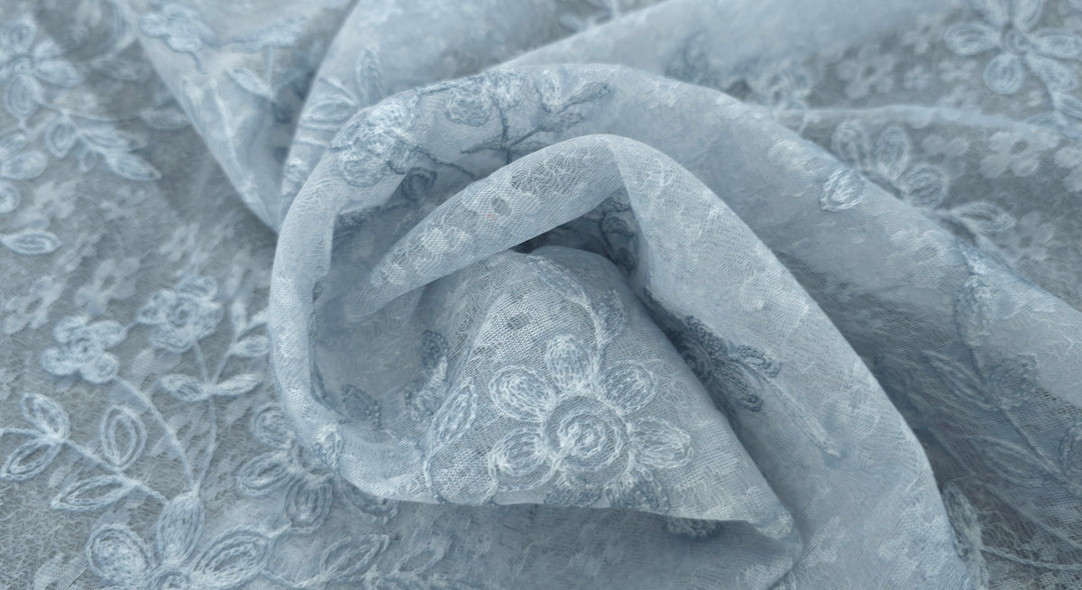 Embroidered Lace Dusty Blue Posies