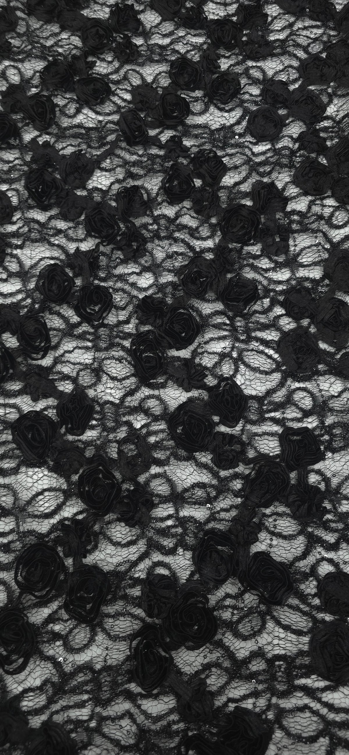 Sequinned 3D Floral Ribbon Lace Black