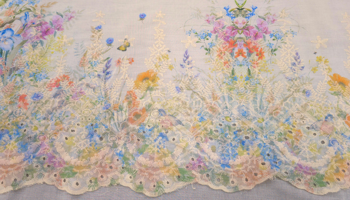 Embroidered Voile Flowering Border Cream