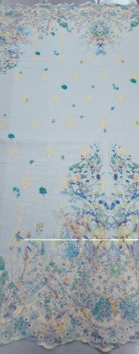 Embroidered Voile Flowering Border Blue