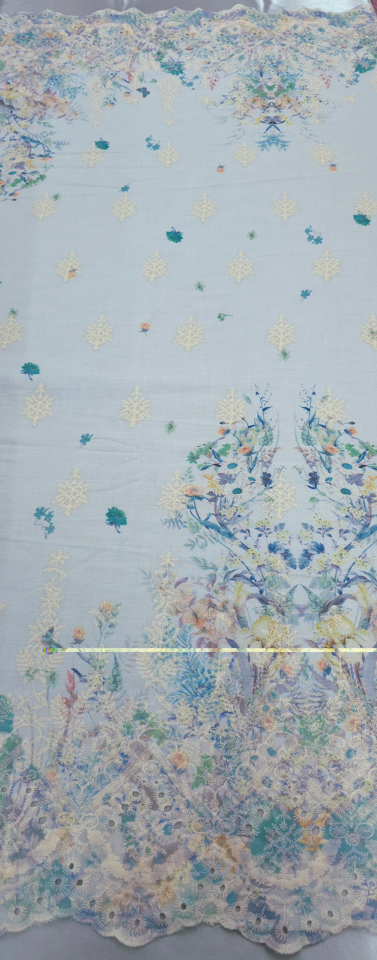 Embroidered Voile Flowering Border Blue