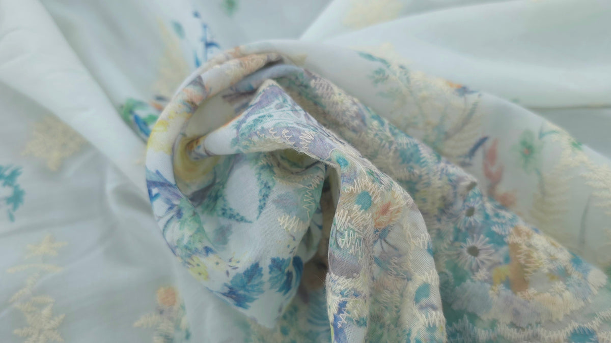 Embroidered Voile Flowering Border Blue