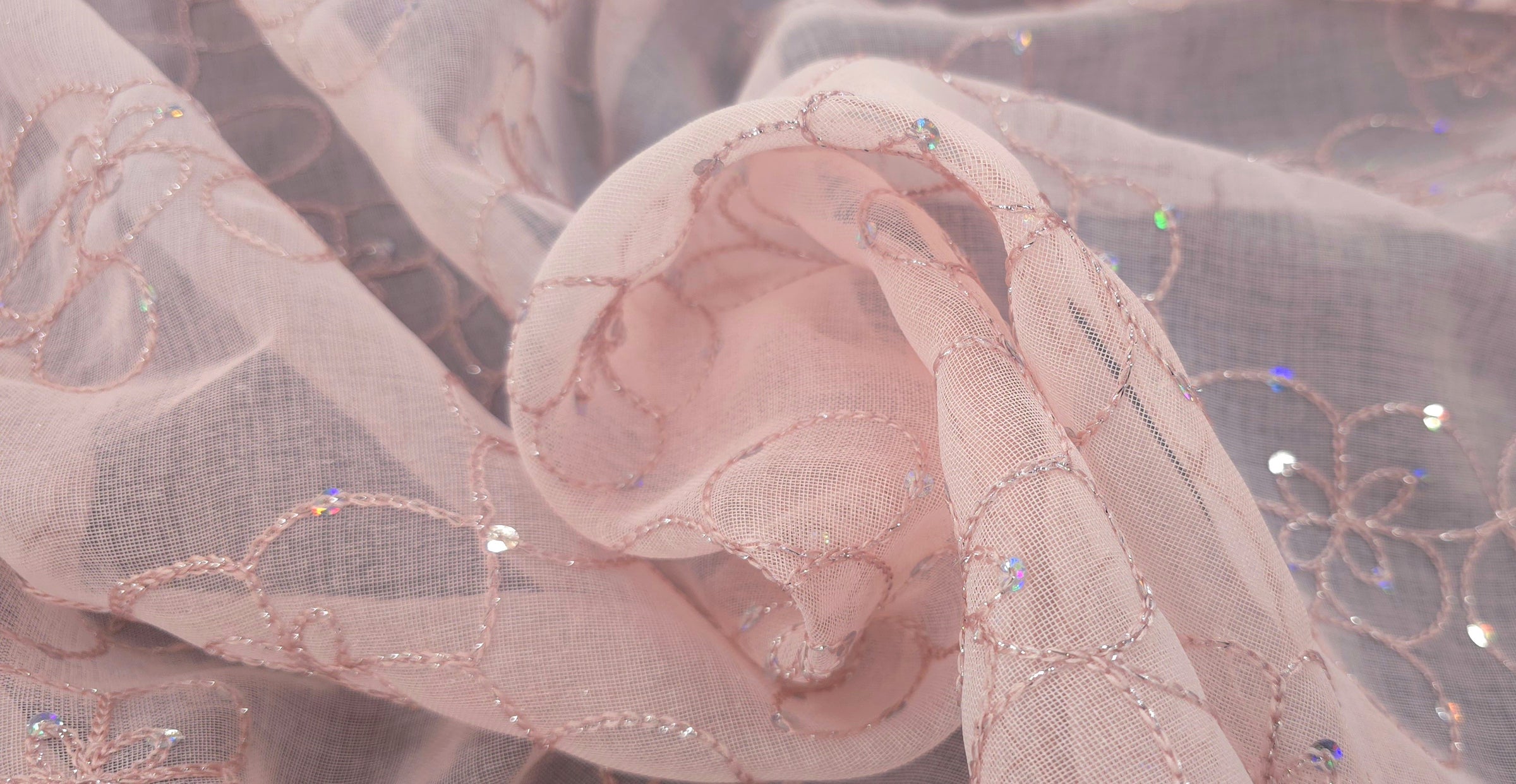 Sequin Embroidered Voile Pink Swirl