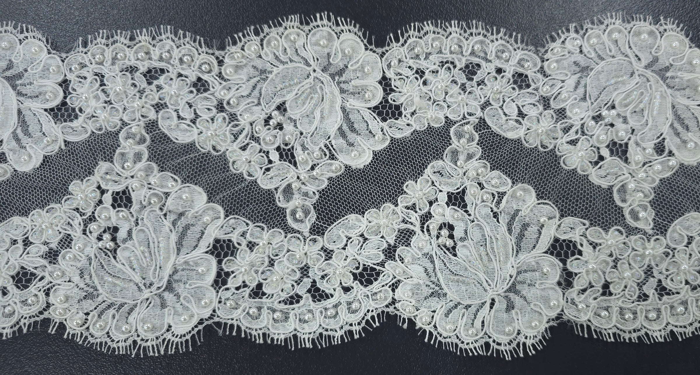 Chantilly Lace Trim Corded Beaded White