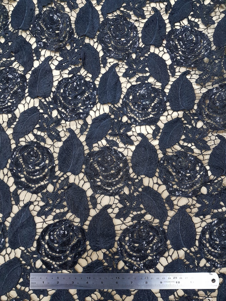 Sequined Lace Black Roses | DK Fabrics